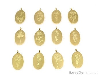 1pcs, NP-2452, Gold PVD over Stainless Steel, Birth Month Flower Pendant, Birth Flower Necklace Pendant