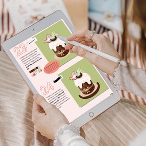 May include: A digital drawing tutorial on a tablet screen showing how to draw an Easter bread cake with a bird on top. The tutorial is numbered 23 and 24.