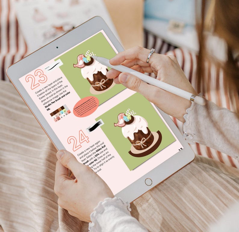 May include: A digital drawing tutorial on a tablet screen showing how to draw an Easter bread cake with a bird on top. The tutorial is numbered 23 and 24.