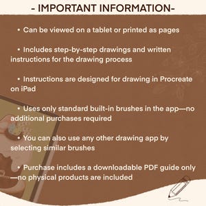May include: A digital illustration guide for drawing a cute dessert on a tablet. The guide includes step-by-step instructions and drawings, and is designed for use with the Procreate app on an iPad. It uses only standard built-in brushes, so no additional purchases are required. The guide is available as a downloadable PDF.