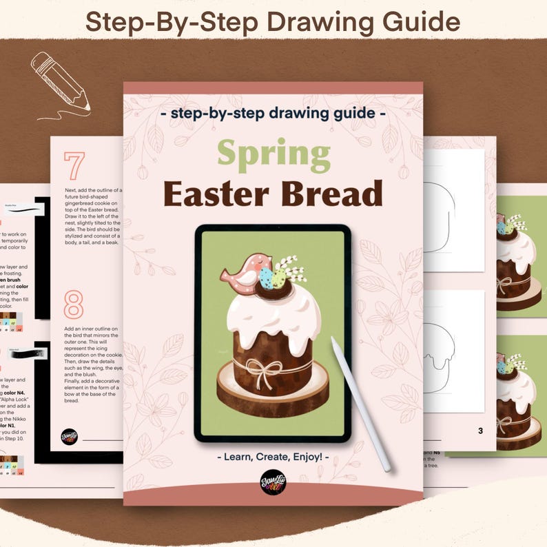 May include: A step-by-step drawing guide for creating a spring Easter bread with a bird on top. The guide includes illustrations of each step, with the final image showing a brown Easter bread with white icing, a bird with brown wings and a yellow beak, and a brown bow.