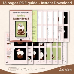 May include: A 16-page PDF guide with step-by-step instructions on how to draw a spring Easter bread. The guide includes illustrations and color palettes. The cover features a colorful illustration of a decorated Easter bread with a bird on top.