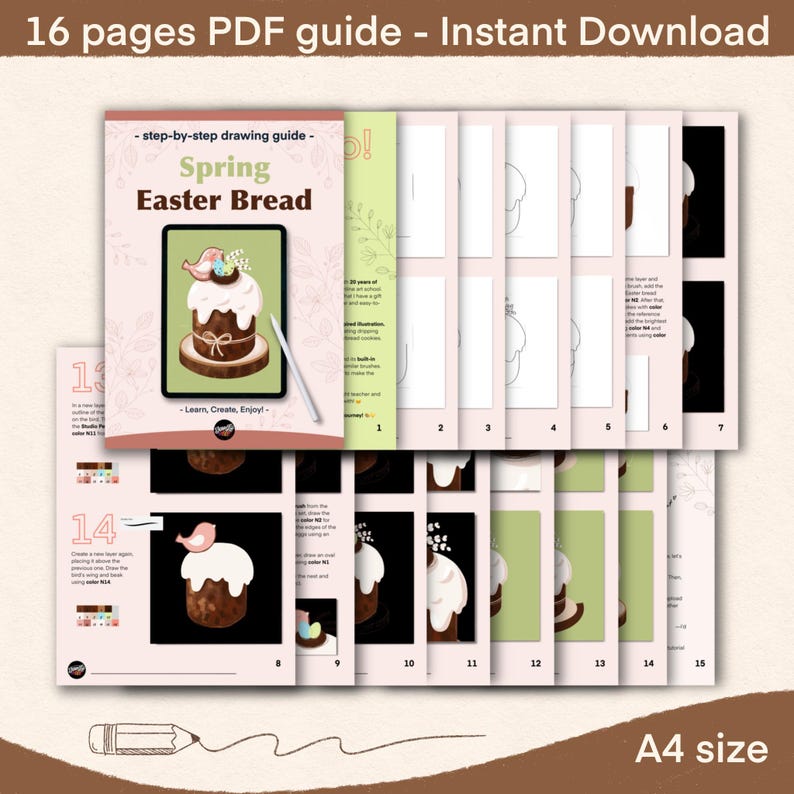 May include: A 16-page PDF guide with step-by-step instructions on how to draw a spring Easter bread. The guide includes illustrations and color palettes. The cover features a colorful illustration of a decorated Easter bread with a bird on top.