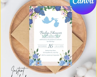 Stork and flowers baby boy shower invitation 5x7 (Canva)