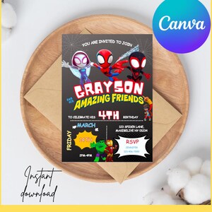 Verjaardagsuitnodiging Spider en vrienden (canva)