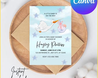 Stork baby shower invitation gender neutral 5x7 (Canva)