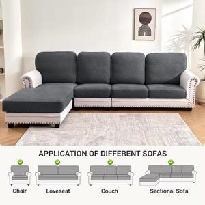 Könnte beinhalten: Ein graues Ecksofa mit weißem Untergestell und dunkelgrauen Sitzkissen. Das Bild zeigt, wie die Bezüge auf einen Stuhl, ein Loveseat, ein Sofa und ein Ecksofa aufgebracht werden können. Der Text unten lautet "APPLICATION OF DIFFERENT SOFAS."