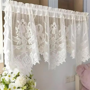 Yellow Lace Bow Sheer Kitchen Curtain – Short Swag Valance Tier for Cabinet, Cafe, or Restaurant Window Decor – Rod Pocket Style