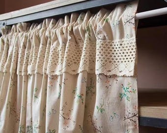 American Pastoral Flower Half Curtain Cotton Linen Kitchen Short Cute Farmhouse, Cafe Curtains, Curtain Rod, Curtain, Cotton Linen Half