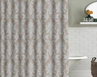 Shower Curtain,Elegant White Pattern Bathroom Liner for Home Decor Beige Grey Set with Hooks Size 72x84 Inches, Bathroom Curtain