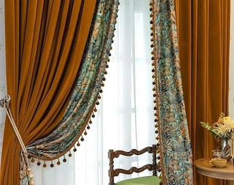 American Oil Painting Printing Caramel Velvet Stitching Thickened Curtains Living Room Bedroom French Window Customised, Blackout Curtains
