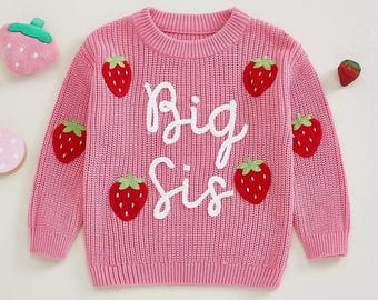 Toddler Girl Strawberry Sweater – Embroidered Letter Crew Neck Pullover, 1–4 Years, Long Sleeve Vintage Baby Clothes, Cute Kids Knitwear