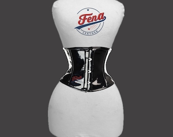 Women Black PVC Underbust Corset, Steel Boned Waist Trainer, Gothic wear, Lace Up Body Shaper, Punk Fashion Clubwear, Waspie Style Corset