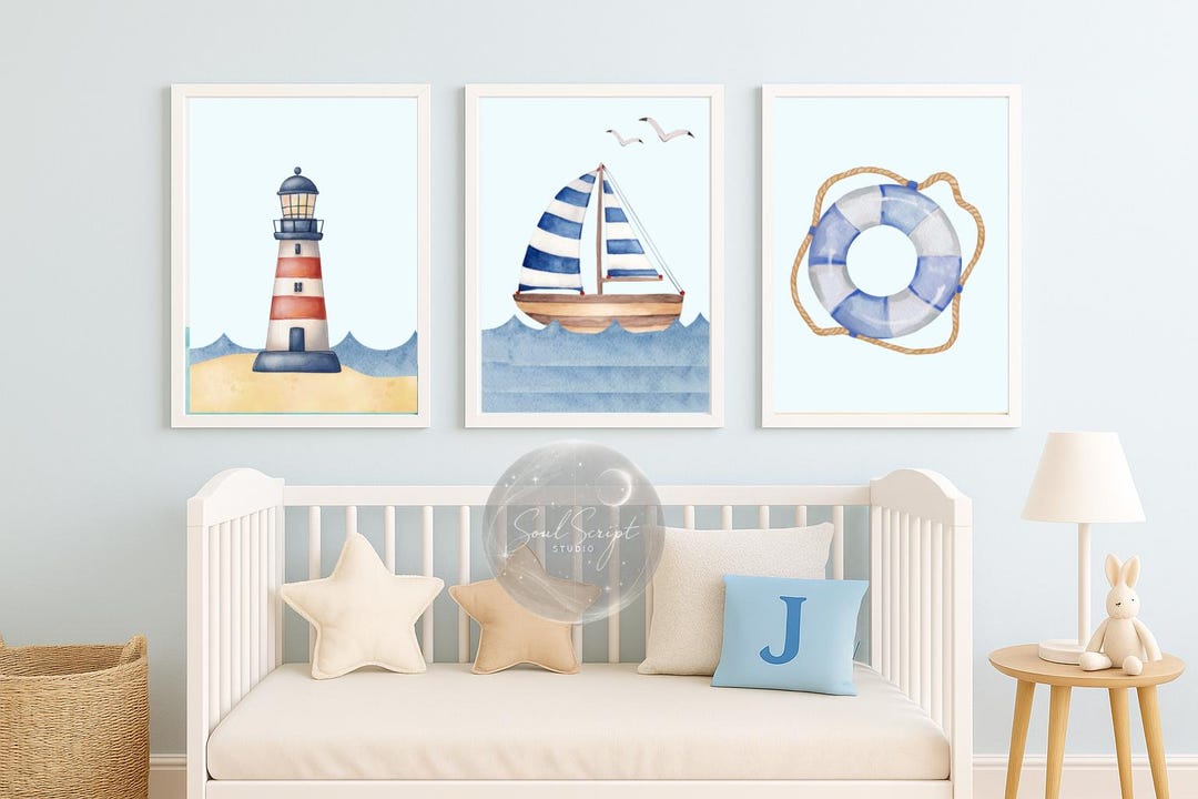 Nautical Nursery Wall Art Set of 3 | Lighthouse, Sailboat, Life ...