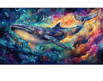 Kunstprints van hemelse walvis en dolfijn, muurdecoratie kosmische oceaanwezens