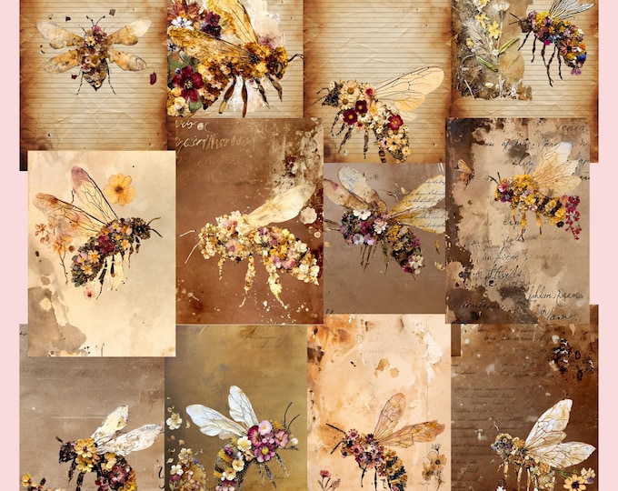 Grunge Bee Digital Journal Pages, Pressed Flower Bee Journal, Floral Bee Scrapbook Pages
