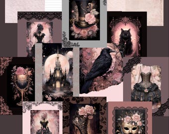 Gothic Pink and Black Junk Journal, Digital Pink and Black Journal Pages, Vintage Gothic Scrapbook Pages