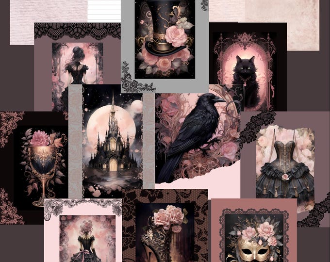 Gothic Pink and Black Junk Journal, Digital Pink and Black Journal Pages, Vintage Gothic Scrapbook Pages