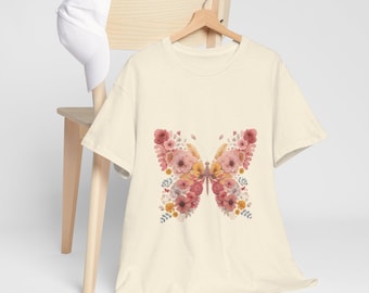 Personalized Pink Pressed Flower Butterfly Floral T-Shirt Boho Tee Mother's Day Gift Eco Friendly Apparel Spring/Summer Fashion