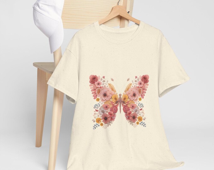 Personalized Pink Pressed Flower Butterfly Floral T-Shirt Boho Tee Mother's Day Gift Eco Friendly Apparel Spring/Summer Fashion