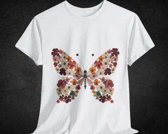 Mulberry Pressed Flower Butterfly T-Shirt, Unisex Tee, Nature Lover Gift, Boho Shirt, Botanical Top, Red Insect Graphic Tee