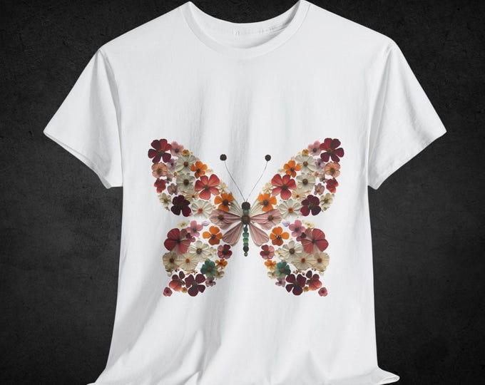 Mulberry Pressed Flower Butterfly T-Shirt, Unisex Tee, Nature Lover Gift, Boho Shirt, Botanical Top, Red Insect Graphic Tee