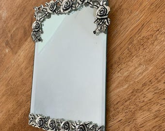 Ornate Vintage Victorian Hand Painted Roses Easel Silver Plated VANITY MIRROR