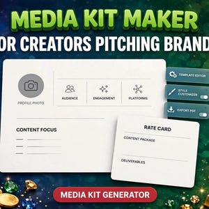 Op de afbeelding: Een digitale media kit maker sjabloon voor makers die merken benaderen, met witte kaarten met velden voor profielfoto, publiek, betrokkenheid, platforms, content focus en tariefkaart, omringd door goudstaven en edelstenen.
