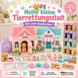 Puede incluir: Un set de manualidades en papel imprimible titulado Meine kleine Tierrettungsstadt que incluye un refugio de animales rosa, una cl&iacute;nica veterinaria azul, cajas apilables y varios accesorios de papel en miniatura como herramientas m&eacute;dicas y letreros.