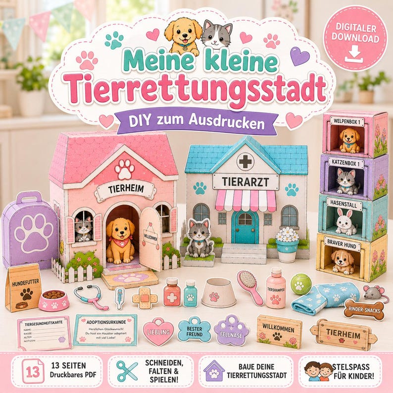 Puede incluir: Un set de manualidades en papel imprimible titulado Meine kleine Tierrettungsstadt que incluye un refugio de animales rosa, una cl&iacute;nica veterinaria azul, cajas apilables y varios accesorios de papel en miniatura como herramientas m&eacute;dicas y letreros.