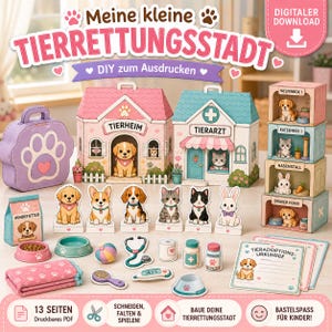 Puede incluir: Un set de manualidades en papel para descargar e imprimir titulado Meine kleine TIERRETTUNGSSTADT, que incluye edificios de rescate, un malet&iacute;n, figuras de animales, accesorios, herramientas m&eacute;dicas y certificados de adopci&oacute;n en alem&aacute;n.