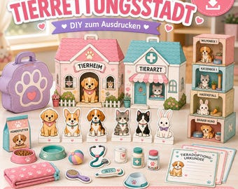 Manualidad imprimible de refugio de mascotas / Juego de rescate de animales de papel para hacer tú mismo / Juego de simulación para niños / Actividad para la escuela en casa / Descarga digital en PDF