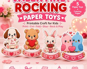 Rocking Valentine Paper Toys, Printable Kids Craft, Cut Fold Glue Activity, Classroom Valentines Day Gift, PDF Instant Download