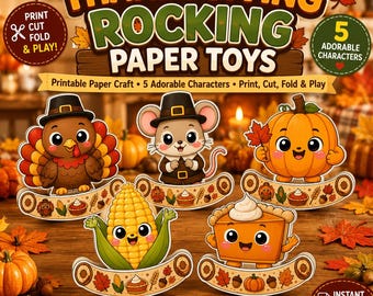 Thanksgiving Rocking Paper Toys, Turkey Pumpkin Pie Craft, Printable Kids Activity, Cut Fold Glue PDF, Classroom Homeschool Fall Craft