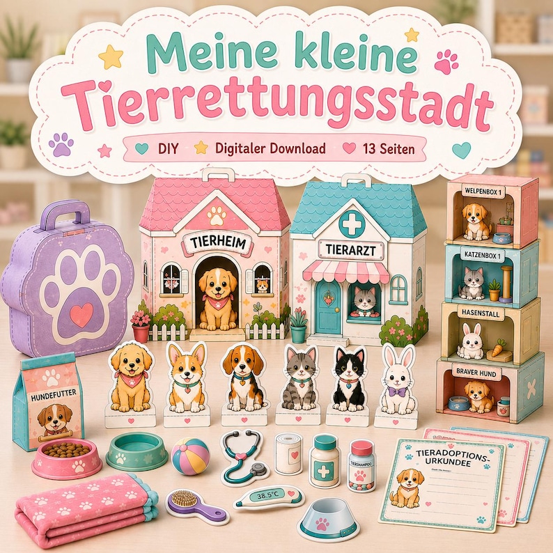 Puede incluir: Un set de manualidades descargable digitalmente titulado Meine kleine Tierrettungsstadt que incluye un refugio, cl&iacute;nica veterinaria, figuras de animales, accesorios, un malet&iacute;n y certificados de adopci&oacute;n con ilustraciones de perros, gatos y conejos.