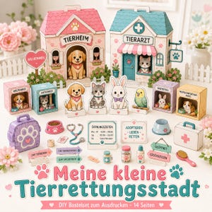 Puede incluir: Un set de manualidades en papel titulado Meine kleine Tierrettungsstadt que incluye dos edificios etiquetados como Tierheim y Tierarzt, varias figuras de animales como un cachorro, un gatito, un conejo y un p&aacute;jaro, adem&aacute;s de accesorios en miniatura.
