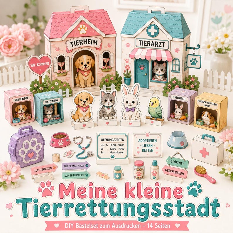 Puede incluir: Un set de manualidades en papel titulado Meine kleine Tierrettungsstadt que incluye dos edificios etiquetados como Tierheim y Tierarzt, varias figuras de animales como un cachorro, un gatito, un conejo y un p&aacute;jaro, adem&aacute;s de accesorios en miniatura.