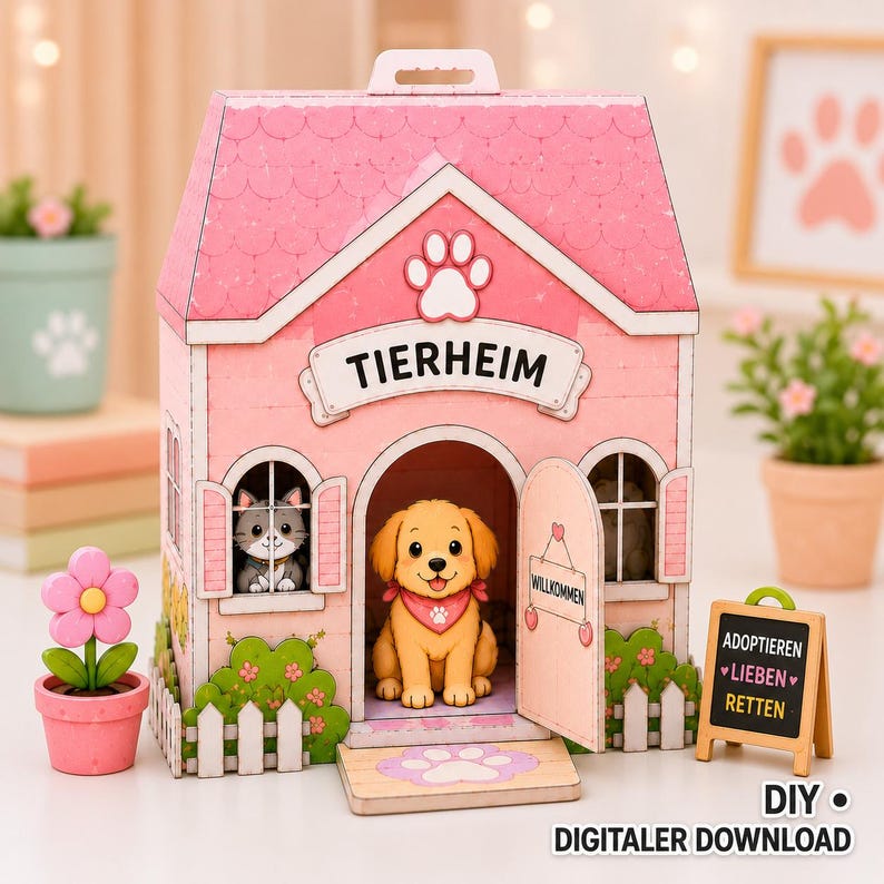 Puede incluir: Un modelo de refugio de animales de papel rosa etiquetado como TIERHEIM con una figura de cachorro dorado en la entrada y un gatito gris en la ventana. La estructura cuenta con una valla blanca, un techo rosa y un letrero que dice ADOPTIEREN LIEBEN RETTEN.