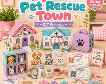 Manualidad imprimible de ciudad de rescate de mascotas / Refugio de animales de papel para juegos de simulación (descarga digital)