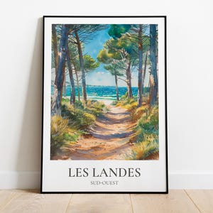 Póster de viaje de las Landas, póster de las Landas, ilustración de las Landas, grabado de las Landas, ilustración de una playa del océano Atlántico, póster de Lacanau