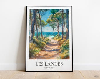 Landes travel poster, Landes print, Landes illustration, Atlantic coast wall decor, Landes travel gift, Surf travel poster