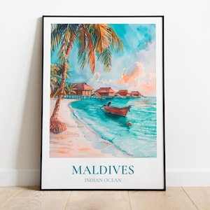 Maldives travel poster, Maldives print, Maldives illustration, Tropical islands wall decor, Maldives travel gift, Tropical print