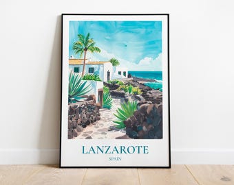 Lanzarote Spain travel poster, Lanzarote print, Lanzarote illustration, Canary Islands wall decor, Lanzarote travel gift