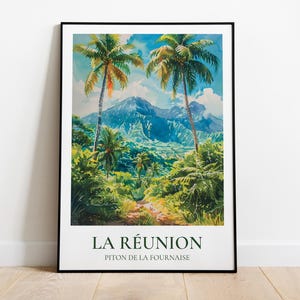 Póster de viaje a la Isla Reunión, póster de la Isla Reunión, ilustración de la Isla Reunión, Pitón de la Fournaise, regalo de viaje a la Isla Reunión