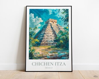 May include: A vintage travel poster featuring a colorful illustration of the Chichen Itza pyramid in Mexico. The poster has a black frame and the text "Chichen Itza, Mexico" at the bottom.