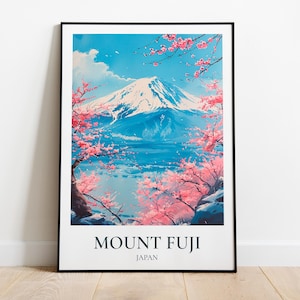 Mount Fuji travel poster, Original Mount Fuji illustration, Japan Mount Fuji poster, Japanese cherry blossom poster, Japan decor