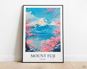 Mount Fuji travel poster, Original Mount Fuji illustration, Japan Mount Fuji poster, Japanese cherry blossom poster, Japan decor