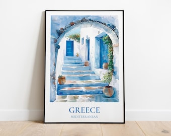 Greece travel poster, Greece illustration, Minimalist travel poster, Mediterranean decor, Blue Greece print