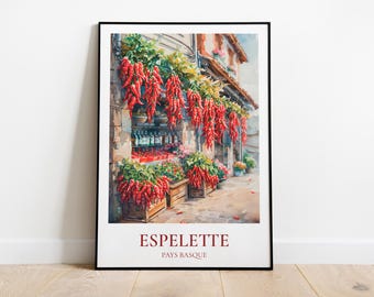 Espelette-Reiseplakat, Baskenland-Illustration, Espelette-Plakat, Baskenland-Reiseplakat, Espelette-Druck, Chili-Pfeffer-Plakat