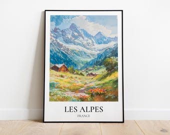 Alps travel poster, Alps illustration, Alps print, Alps gift, Mountain home decor, French Alps Poster